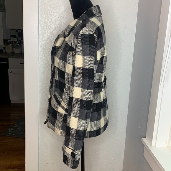Yoki black white plaid double breasted pea coat wool blend lined pockets Medium - Picture 3 of 6